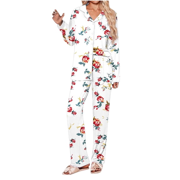 Tnhcen Women's Cotton Comfort Long Sleeve Sleepwear Set Soft 2 Pieces Button Down Top Pants Pjs Homewear Set S-3XL