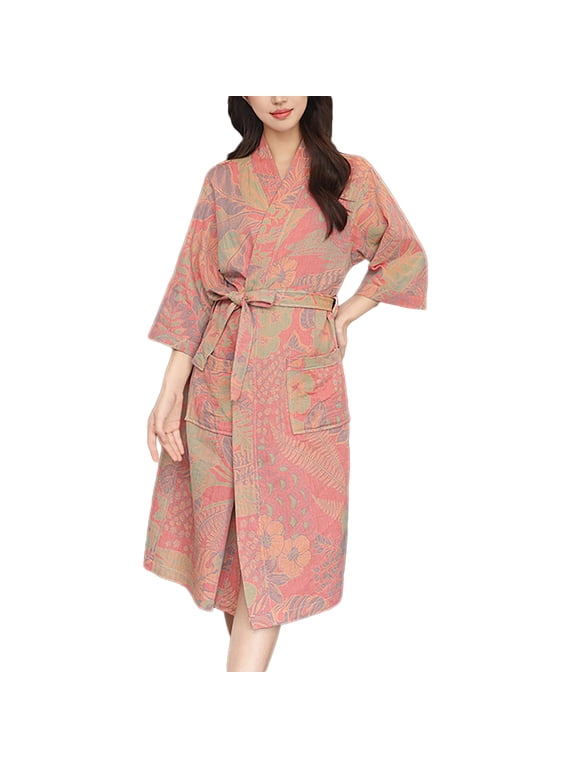 Women's Cotton Kimono Robe Floral Print Bathrobe Soft Sleepwear Loungewear Dressing Gown