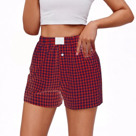 Tnhcen Women's Cotton Linen Checkered Print Shorts Elastic Waistband Casual Button-Up Shorts with Pockets Sports Jogger Loose Fit Breathable Pre-Shrunk Cotton Linen S-3XL