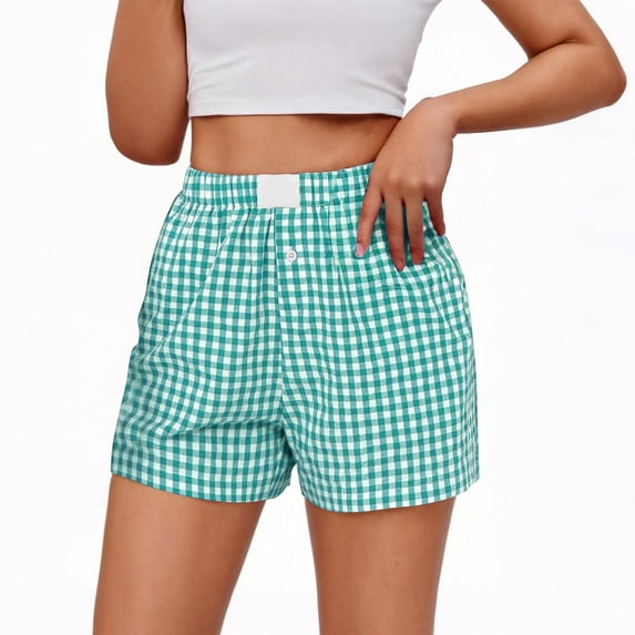 Tnhcen Women's Cotton Linen Checkered Print Shorts Elastic Waistband Casual Button-Up Shorts with Pockets Sports Jogger Loose Fit Breathable Pre-Shrunk Cotton Linen S-3XL