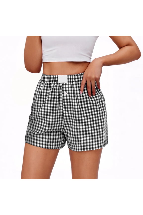 Women's Cotton Linen Checkered Print Shorts Elastic Waistband Casual Button-Up Shorts with Pockets Sports Jogger Loose Fit Breathable Pre-Shrunk Cotton Linen S-3XL