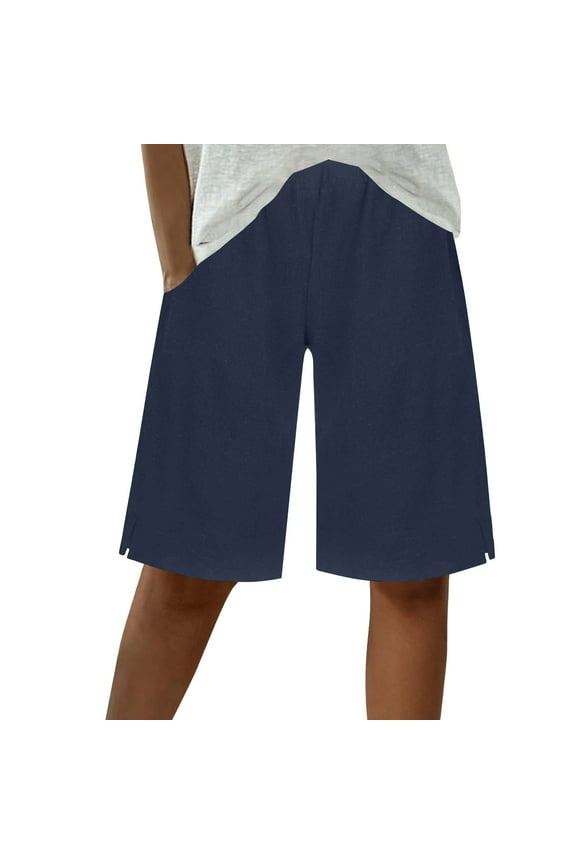 Women's Cotton Linen Drawstring Ankle Shorts - Casual Relaxed Fit Summer Shorts S-2XL Breathable Semi-Cropped Pants with Pockets Stylish Elastic Waist Shorts for Women