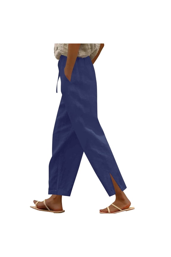 Women's Cotton Linen Drawstring Wide Leg Pants - Loose Fit Casual Trousers with Elastic Waist & Side Slits S-5XL for Plus Sizes