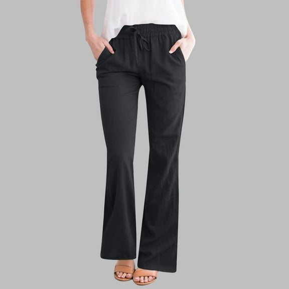 Tnhcen Women's Cotton Linen High-Waisted Flare Leggings Drawstring Elastic Waist with Pockets Soft Breathable Lounge Pants S-3XL