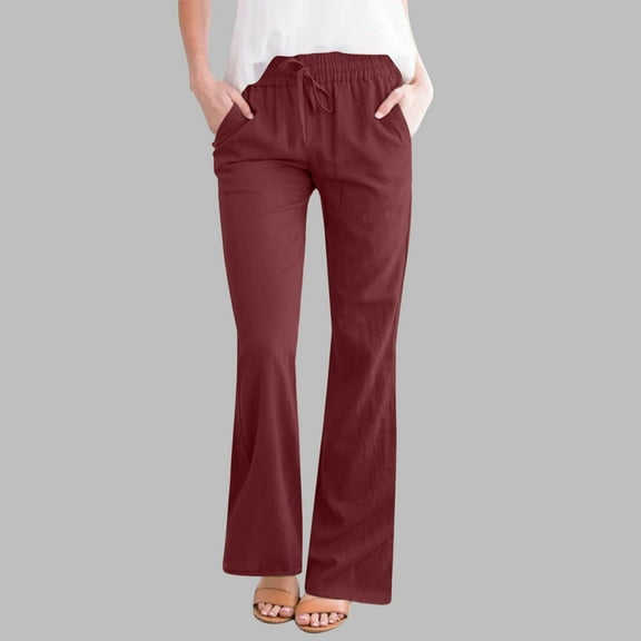 Tnhcen Women's Cotton Linen High-Waisted Flare Leggings Drawstring Elastic Waist with Pockets Soft Breathable Lounge Pants S-3XL