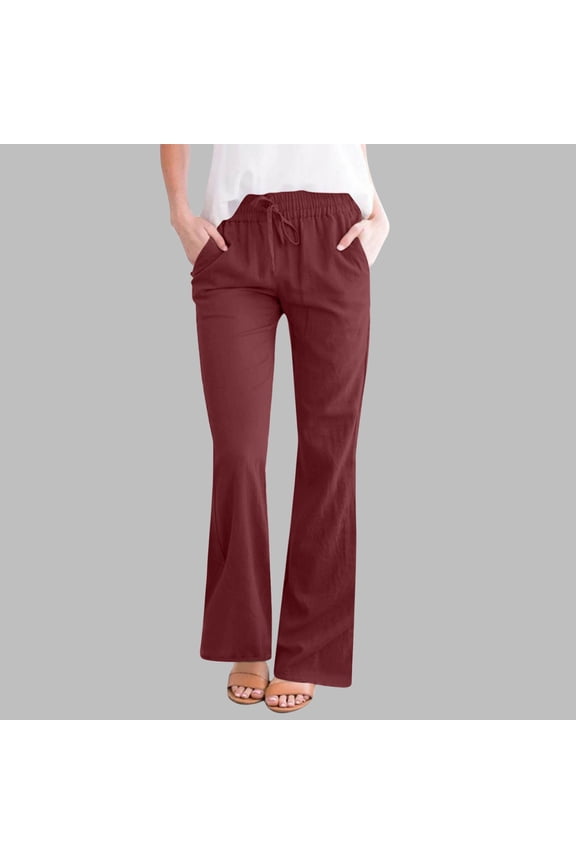 Women's Cotton Linen High-Waisted Flare Leggings Drawstring Elastic Waist with Pockets Soft Breathable Lounge Pants S-3XL