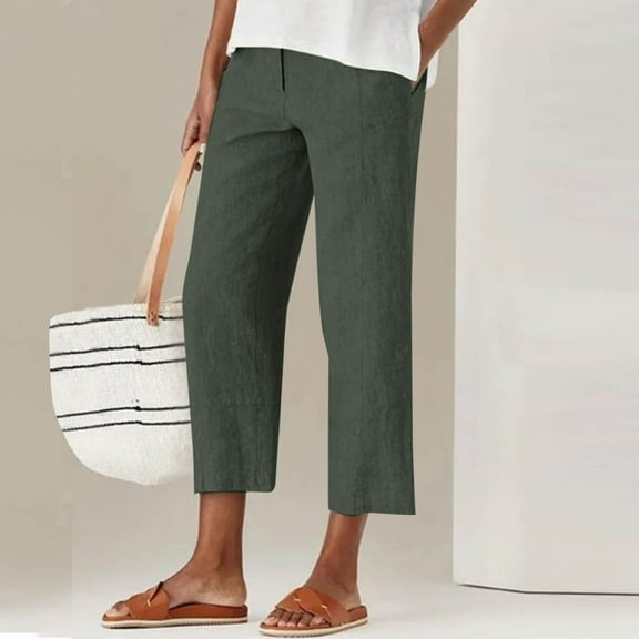Tnhcen Women's Cotton-Linen Look Straight Leg Capri Pants Button Zipper Pocket Trousers Pre-Shrunk Imitation Linen S-2XL Multiple Colors Available
