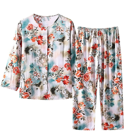 Tnhcen Women's Cotton Linen Style Sleepwear Set - Long Sleeve Button Front Floral Print Tops + Elastic Waist Pants Pajamas Set Homewear (XL-5XL)