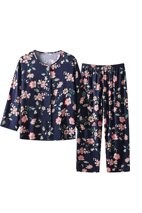 Women's Cotton Linen Style Sleepwear Set - Long Sleeve Button Front Floral Print Tops + Elastic Waist Pants Pajamas Set Homewear (XL-5XL)