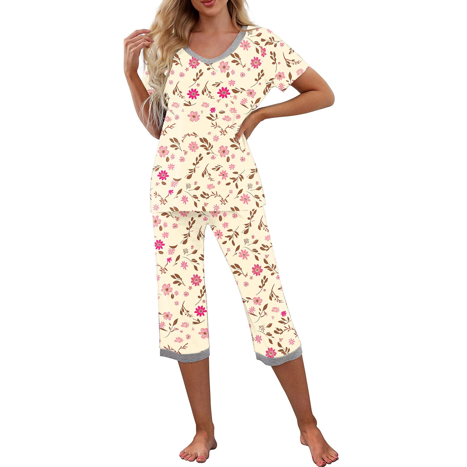 Tnhcen Women's Cotton Pajamas Sets Short Sleeve Tops Capri Pants ...
