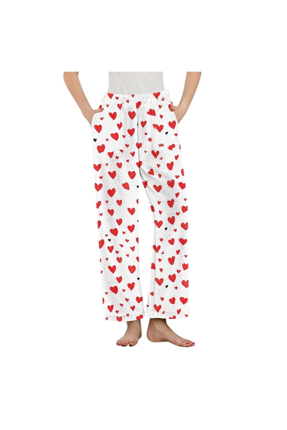Women's Couples Heart Print Pajama Pants Flannel Sleepwear with Pockets Valentine's Day Gift Idea Soft Thermal Lounge Pants S-3XL
