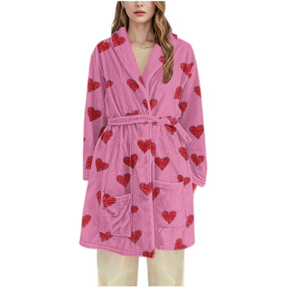 Tnhcen Women's Couples Robe Heart Print Robe Long Flannel Robe Cozy Loungewear Soft Sleepwear Sizes M-3XL Companion Gift Multiple Colors Available