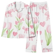 TNHCEN Women's Cozy Cotton Flannel Pajamas Set Print Long Sleeve Lapel Elastic Pants 2-Piece Nightwear Relaxing Homewear Set S-3XL