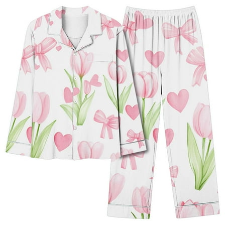 Tnhcen Women's Cozy Cotton Flannel Pajamas Set Print Long Sleeve Lapel Elastic Pants 2-Piece Nightwear Relaxing Homewear Set S-3XL