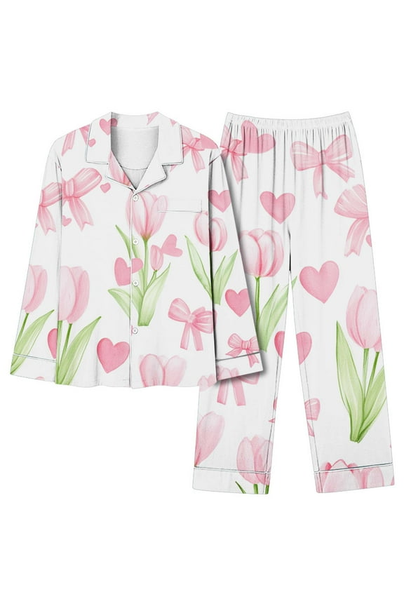 Women's Cozy Cotton Flannel Pajamas Set Print Long Sleeve Lapel Elastic Pants 2-Piece Nightwear Relaxing Homewear Set S-3XL