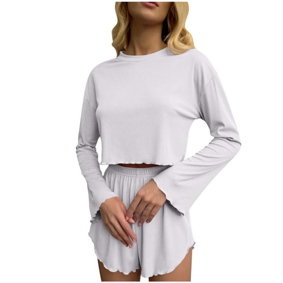 Tnhcen Women's Cozy Long Sleeve Crop Top & Ruffled Shorts Pajama Set - Comfy Round Neck PJs Sleepwear Sets for Women Stretch Lounge Outfit S-XL