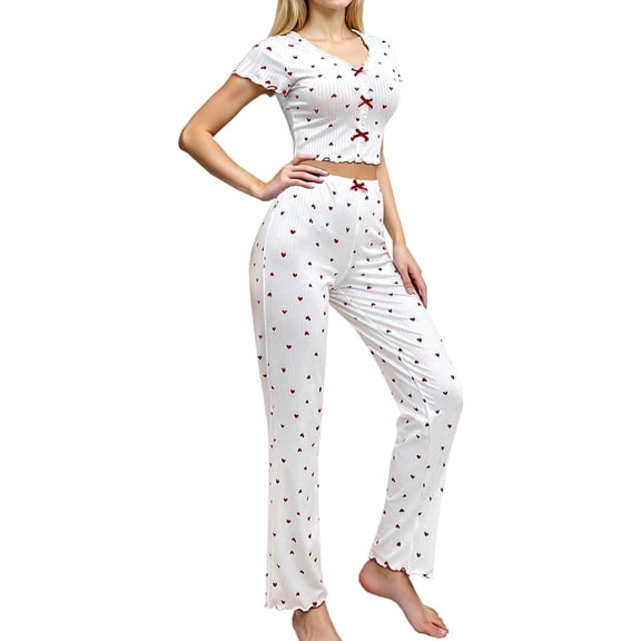 Tnhcen Women's Cozy Short Sleeve Pajama Set with Heart Prints - Soft Ruffle Sleepwear for Women V-Neck Button