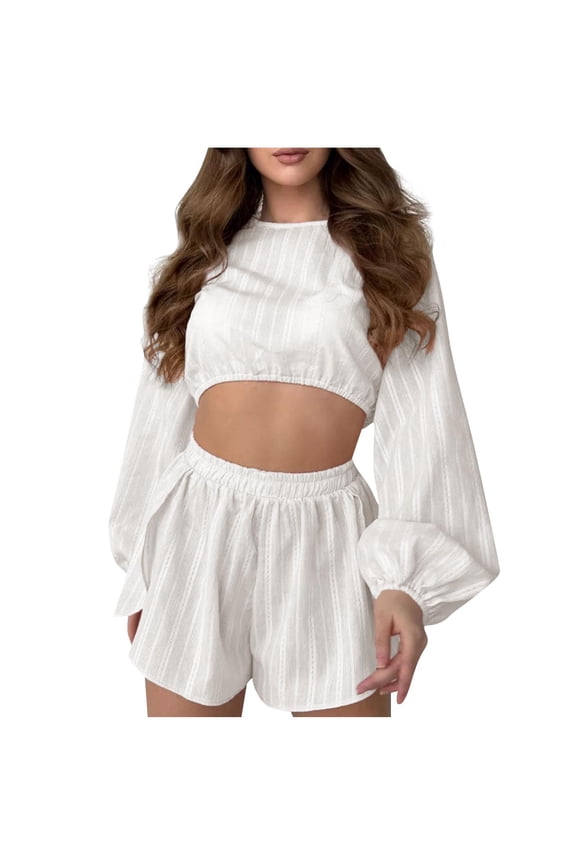 Women's Cozy Solid Pajama Set | Round Neck Long Sleeve Loungewear with Elastic Waistband | Soft Wide Leg Shorts Pajamas for Women S-XL | Comfy Sleepwear