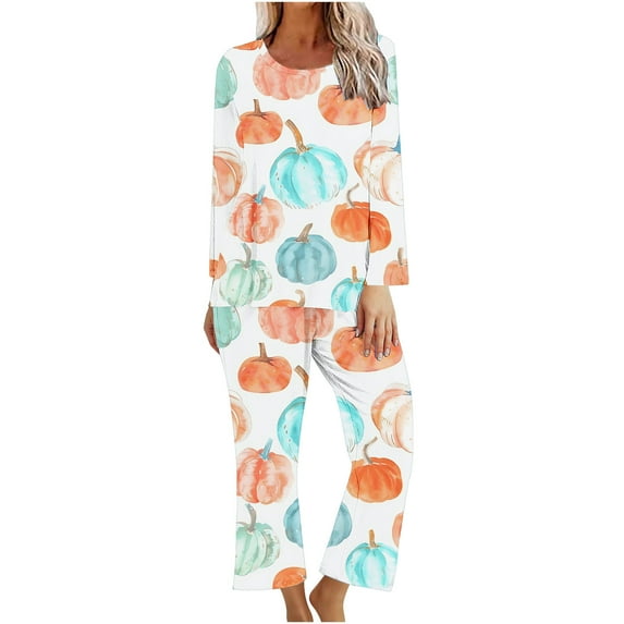 Tnhcen Women’s Crew Neck Halloween Print Pajamas Set Long Sleeve Top Pants Fall Stylish Lounge Wear S-2XL