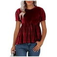 thumbnail image 1 of Tnhcen Women's Crew Neck Short Sleeve Velvet Swing Flare Top, Festive Elegant Casual Party Blouse, 100% Polyester Velvet, Plus Size S-2XL, 1 of 8