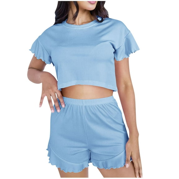 Tnhcen Women's Crew Neck Short Sleeves Pajamas Set Silk Satin Fitted Summer Basic Ruffle Tees and Shorts Pjs Lounge wear S-XL