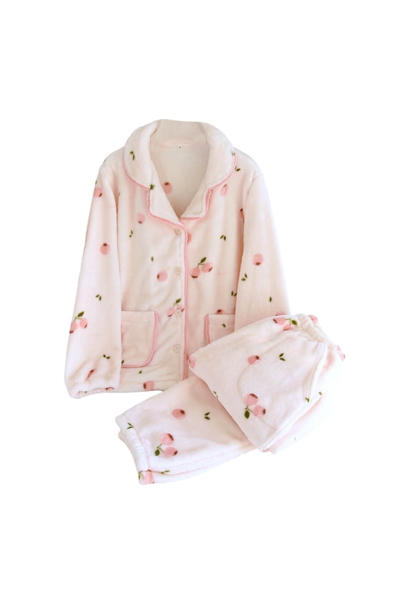 Women's Cute Cartoon Print Pajama Set Fleece Lined Winter Sleepwear Long Sleeve Button Up Top with Pants Pocket 2 Piece Nylon Spandex M-XL