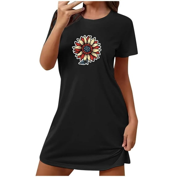 Tnhcen Women's Cute Chest Print Crewneck Short Sleeve One-Piece Sleepwear Dress | S-2XL | Polyester Spandex Loungewear