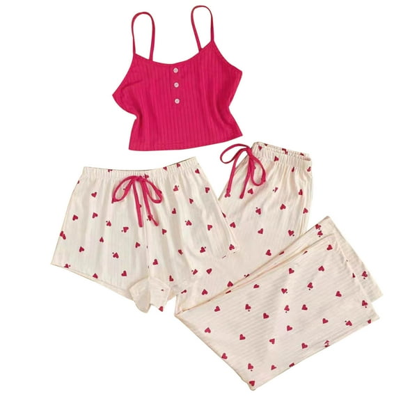 Tnhcen Women's Cute Pajamas Set Cami Top Shorts Pants Pj Sets 3 Pieces Heart Print Satin Pajama Set S-XL