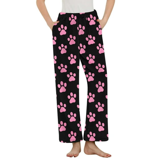 Tnhcen Women's Cute Puppy Paw Print Flannel Pajama Pants Fleece Thermal Sleepwear with Pockets Elastic Waistband Soft Lounge Pants S-3XL Multiple Colors Available