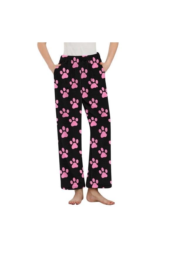 Women's Cute Puppy Paw Print Flannel Pajama Pants Fleece Thermal Sleepwear with Pockets Elastic Waistband Soft Lounge Pants S-3XL Multiple Colors Available