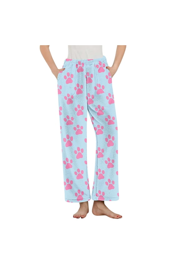 Women's Cute Puppy Paw Print Flannel Pajama Pants Fleece Thermal Sleepwear with Pockets Elastic Waistband Soft Lounge Pants S-3XL Multiple Colors Available