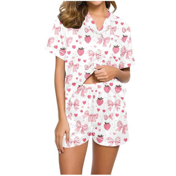 Tnhcen Women's Cute Strawberry Bow Print Pajamas Set 2 Pieces Button Down Shirt Shorts Set Y2k Loungewear Set S-2XL