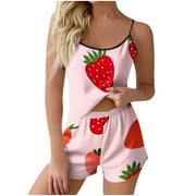 TNHCEN Women's Cute Strawberry Print Sleeveless Tank Sleepwear Set - Elastic Waist Shorts Casual Loungewear Outfit Playful Homewear for S-2XL Ladies Pink
