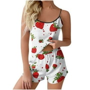 TNHCEN Women's Cute Strawberry Print Sleeveless Tank Sleepwear Set - Elastic Waist Shorts Casual Loungewear Outfit Playful Homewear for S-2XL Ladies Red