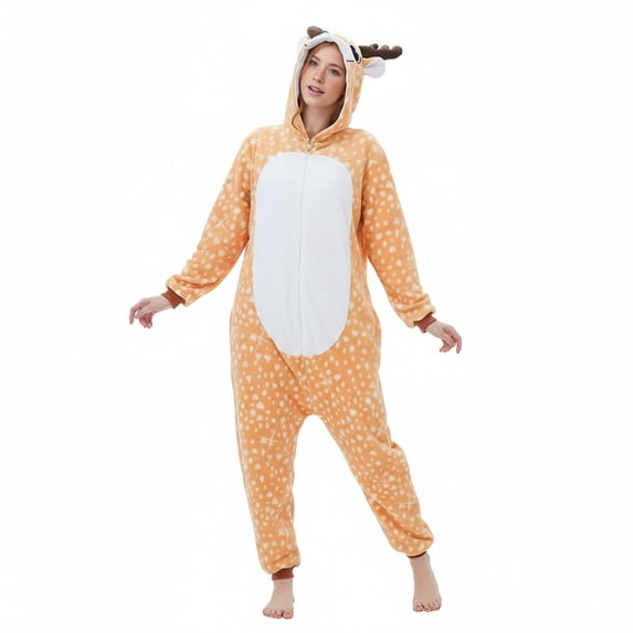 Tnhcen Women's Deer Hooded Onesie Pajamas, Flannel Animal Kigurumi Sleepsuit, Christmas Reindeer Costume Pajamas, Warm Fleece Loungewear for Women, Sizes S-XL