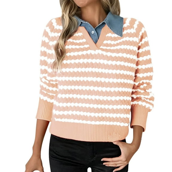 Tnhcen Women's Denim Collar Sweater False Two-Piece Knit Top Color Block Striped Pullover Acrylic Warm Winter Wear Casual Chic S-L