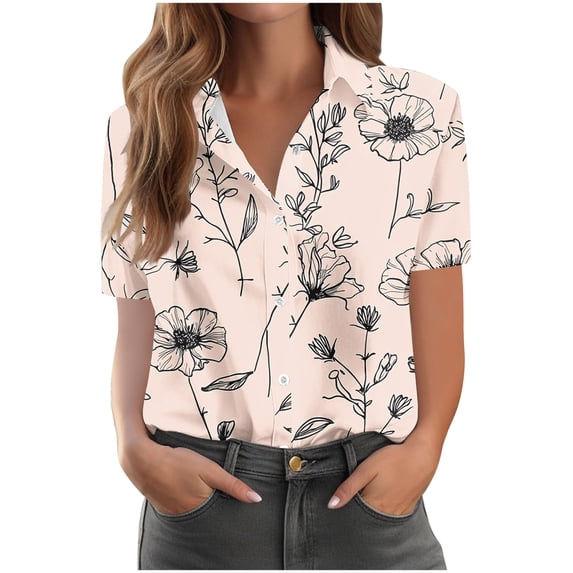 Tnhcen Women's Denim Patchwork Print Button-Up Shirt, Casual Loose Fit Short Sleeve Blouse, Fashion Stretch Top for Women S-2XL