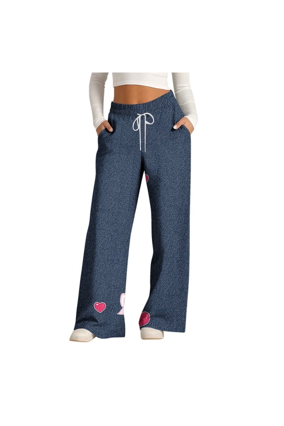 Women's Denim Print Drawstring Elastic Waist Wide Leg Pants, Polyester 32s French Terry Casual Loose Fit Trousers S-3XL