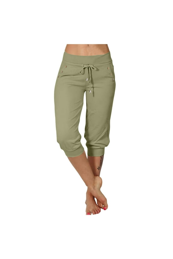 Women's Drawstring Cargo Pants - Low-Rise Relaxed Fit Button Pocket Joggers Stretchy 7/8th Leggings for Yoga/Walking S-2XL