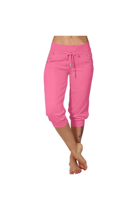 Women's Drawstring Cargo Pants - Low-Rise Relaxed Fit Button Pocket Joggers Stretchy 7/8th Leggings for Yoga/Walking S-2XL