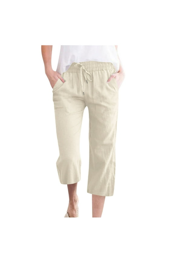 Women's Drawstring Cotton Linen Casual Pants with Elastic Waist - 7/8 Length Relaxed Fit Lightweight & Breathable Plus Size Included (S-2XL) Pocket Design for Daily Style