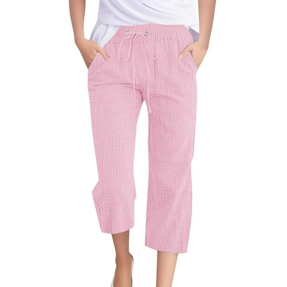 Tnhcen Women's Drawstring Wide Leg Pants Elastic Waist Cropped Pants 100% Polyester Bubble Crepe Lightweight Casual Trousers Pockets S-3XL Loose Fit Breathable