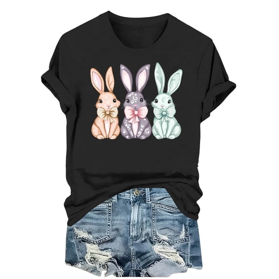 Tnhcen Women's Easter Bunny Print Graphic Tee Casual Short Sleeve Round Neck Plus Size S-3XL Cotton Spandex Polyester Stretchy Comfortable Spring Holiday Wear