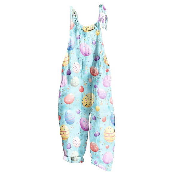 Tnhcen Women's Easter Egg Print Wide-Leg Jumpsuit - Bamboo Linen Adjustable Straps Pocket Romper Loose Fit Casual Holiday Overalls S-2XL
