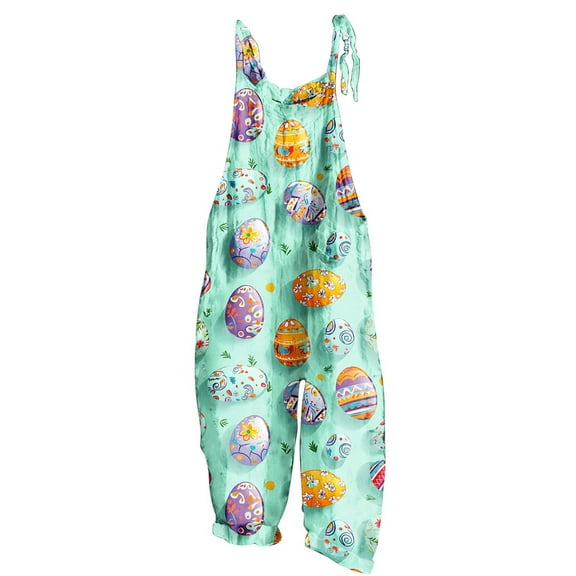 Tnhcen Women's Easter Egg Print Wide-Leg Jumpsuit - Bamboo Linen Adjustable Straps Pocket Romper Loose Fit Casual Holiday Overalls S-2XL