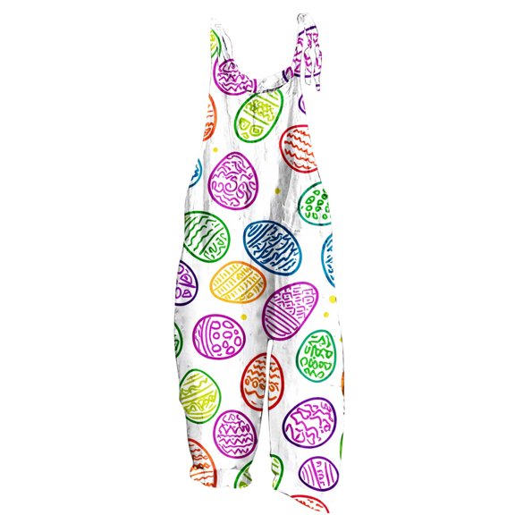 Tnhcen Women's Easter Egg Print Wide-Leg Jumpsuit - Bamboo Linen Adjustable Straps Pocket Romper Loose Fit Casual Holiday Overalls S-2XL