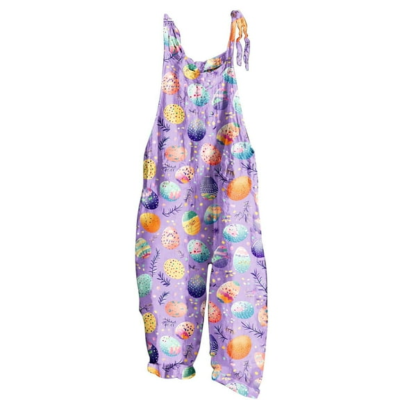 Tnhcen Women's Easter Egg Print Wide Leg Jumpsuit - Linen-Canvas Look Adjustable Straps Pockets Relaxed Fit Pants S-2XL