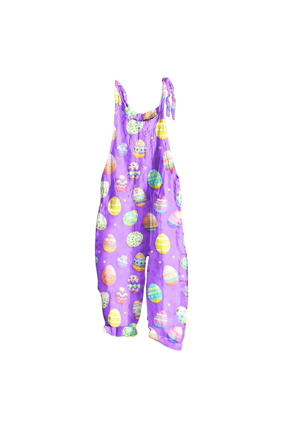 Women's Easter Egg Print Wide Leg Jumpsuit - Linen-Canvas Look Adjustable Straps Pockets Relaxed Fit Pants S-2XL