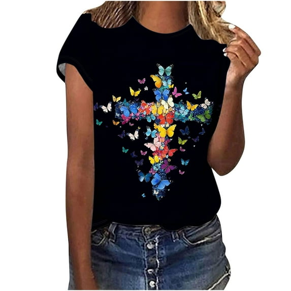 Tnhcen Women's Easter Print Short Sleeve Crewneck Blouses | Family Matching Plus Size S-5XL | Polyester Spandex Blend Basics