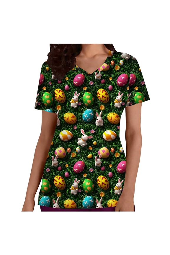 Women's Easter Print V-Neck Short Sleeve Blouse with Pockets, Retro Floral Bunny Top, Soft & Casual Spring Shirt for Women S-2XL